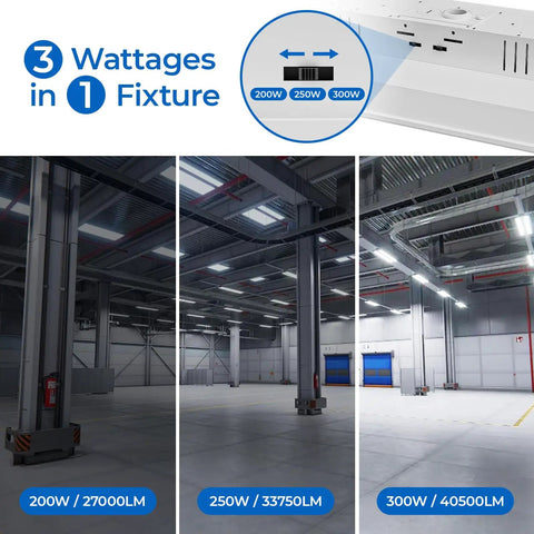 Built Different 3 Foot Led Linear High Bay Light With No Sweat Plug And Play Hookup And Adjustable 300W 250W Or 200W Power showing wattage options in warehouse.