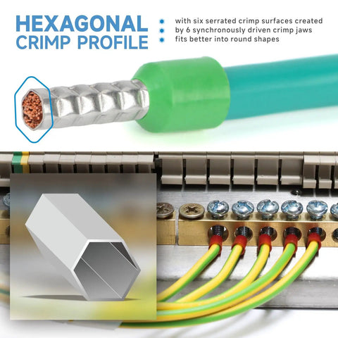 Hexagonal Ratchet Crimp Tool For End Sleeves And Ferrules 0.5-16mm2 AWG 20-5 Self Adjusting with six serrated crimp jaws