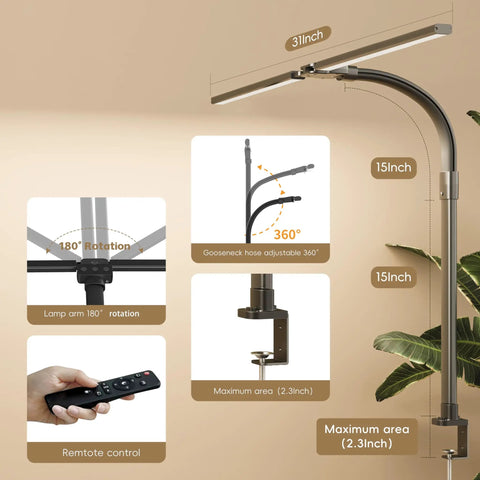 Diagram of Insanely Bright 24W LED Desk Lamp With Dual Swing Arm Heads, showing rotation, adjustable arm, and remote control