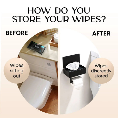 Comparison of bathroom with wipes visible before and wipes stored discreetly after, using Toilet Paper Holder With Shelf And Storage Black Wall Mount Bathroom Organizer With Built In Phone Shelf For Your Phone While You Finish A Slick Modern Roll Holder For Discreet Wipes And Essentials Easy Installation.