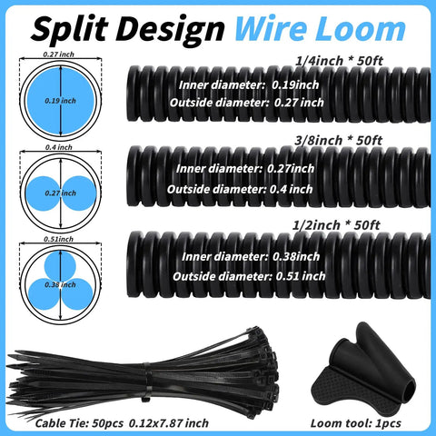 Split Wire Loom Tubing Set 1/4, 1/2, 3/8 Inch by 50 Feet With Pro Grade Automotive Flexible Conduit For Cables, Marine RV Electrical Protection Kit Includes 50 Cable Ties; sizes and specifications shown with cable ties