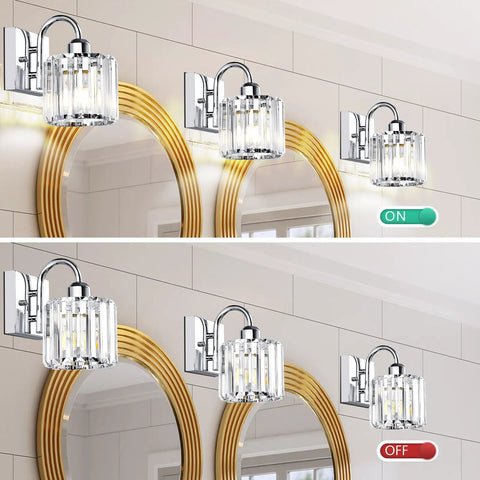 Four Light Chrome Crystal Vanity Light Over Mirror For Bathroom illuminated on and off over gold framed mirrors