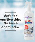 CPAP Disinfectant Spray TSA Travel Size 2 Oz 3 Pack Kills 99.9 Percent Germs On Masks Tubing Reservoirs And Humidifiers No Harsh Chemicals Or Fumes Ozone Free Leaves No Residue For On The Go Use. white spray bottle label