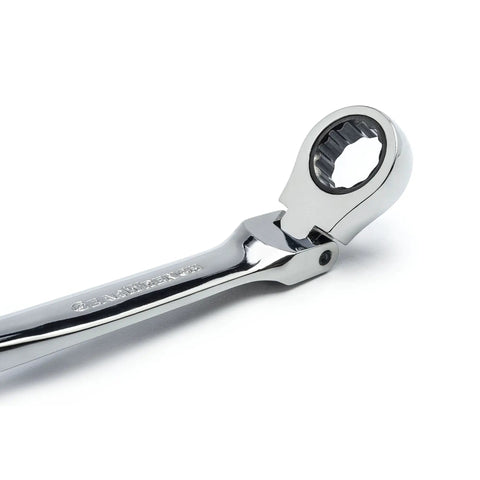 Close-up of steel XL X-Beam flex head ratchet from 9 Pc 12 Point XL X Beam Flex Head Ratcheting Wrench Set SAE Includes 5/16 11/32 3/8 7/16 1/2 9/16 5/8 11/16 3/4 Inch With 72 Tooth Ratcheting For Quick Slick Fastener Turns.
