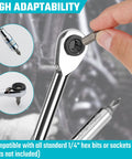 One Quarter Inch T-Handle Ratchet Set With Hex Bit Extender And Adapter showing chrome-plated ratchet with hand inserting bit