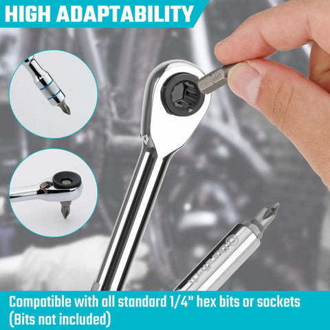 One Quarter Inch T-Handle Ratchet Set With Hex Bit Extender And Adapter showing chrome-plated ratchet with hand inserting bit