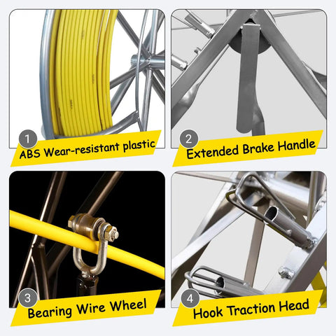 Heavy Duty Fiberglass Fish Tape Duct Rodder Workhorse Reel With Smart Brake And Dual Wheels 820 Feet Long close-ups of parts including brake handle and traction head.