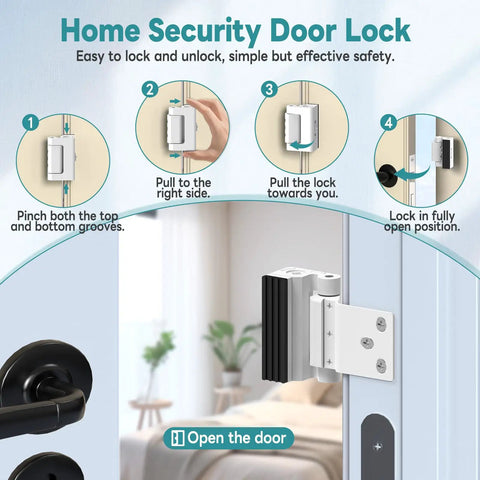 Home Security Door Lock installation steps with heavy duty aluminum construction for inward opening doors.