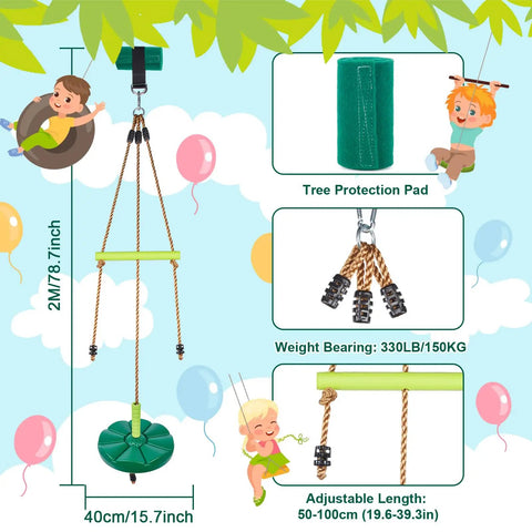 Disc Swing With Monkey Bars For Backyard Playground Set Heavy Duty Rope Swing, tree protection pad and adjustable length