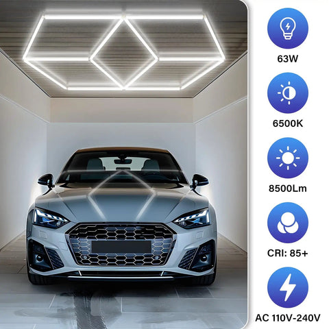 Hexagon LED Garage Light With Aluminum Hex Ceiling Mount, Ultra Bright 8500 Lumens, 6500K Cool White, car in garage view