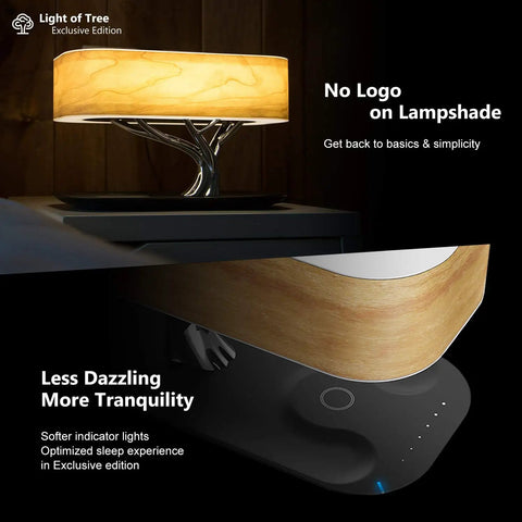Tree Of Aura Smart Bedside Lamp with wood lampshade on a nightstand, featuring wireless charging base and dimmable light.