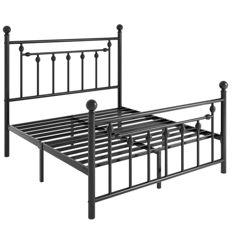Queen Metal Platform Bed Frame Featuring Victorian Headboard And Footboard Extra Heavy Duty Steel Slats No Box Spring Needed Zero Squeak Sleep Rock Solid Black close-up view.