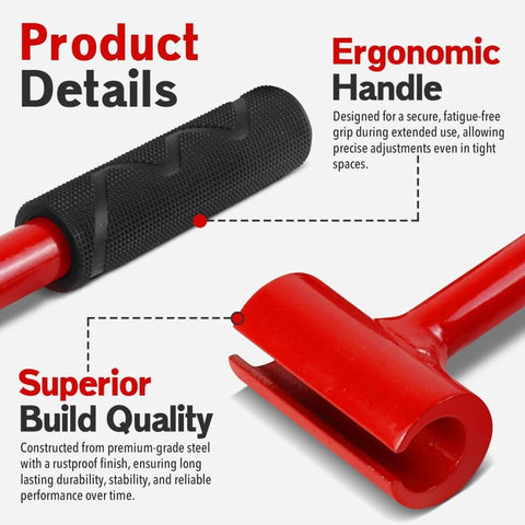 Close-up of 4 In 1 Door Hinge Adjustment Tool's ergonomic handle and red hinge adjuster, highlighting build quality and features.