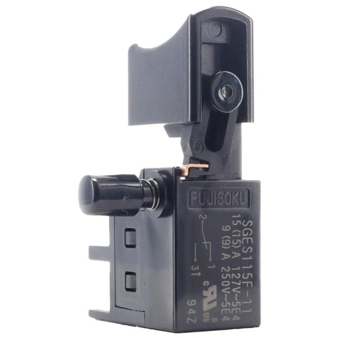 Miter Saw Replacement Switch 375115 for C12FDH C12FDHSM C12RSH2M, close-up view of black on/off power switch component.