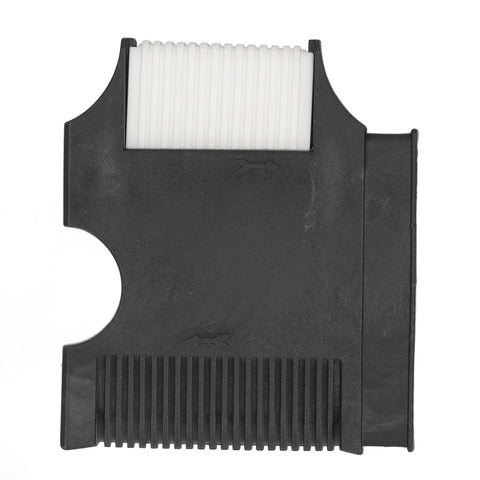 Front view of Kuuleyn 2-pack quick-connect boat fender hanger; black plastic body with white ribbed roller