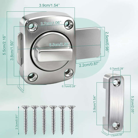 Rotary Bolt Latch Lock With Six Screws For Cabinets Windows And Bathrooms Easy Install Privacy Lock, thick zinc alloy, silver finish