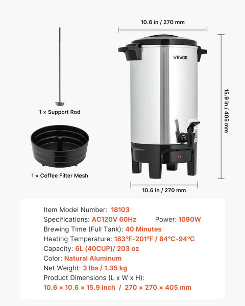 Big Batch Commercial Coffee Urn With Dripless Faucet 40 Cup 203 Oz Hot Beverage Dispenser 1090W Quick Brew Coffee Maker