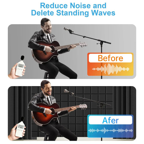 Before and after comparison of High Density Acoustic Foam Corner Bass Traps For Music Studios Podcast Recording Home Cinema Audio Treatment.