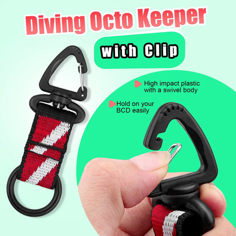 4 Pack Scuba Octo Holder With Clip And Silicone Mouthpiece Keeper for Regulator, black clip with swivel and red flag band