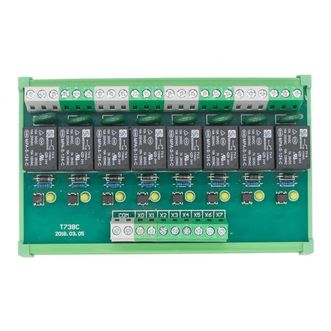 Top view of 8 Channel Relay Module for AC DC 12V PLC Control, DIN rail mountable, plug-and-play design with screw terminals.