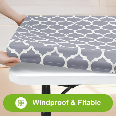 Elastic Flannel Backed Vinyl Table Cover For 6 Foot Tables Waterproof Wipeable Indoor Outdoor Rectangle Picnic Tablecloth Windproof Fit For No Fuss Everyday Use Grey 30x72 Inches being fitted on table
