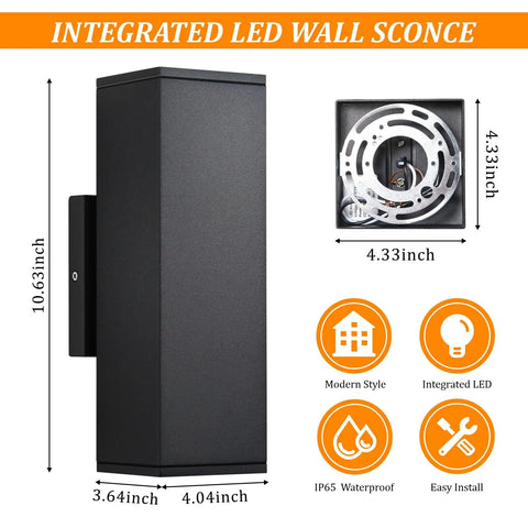Outdoor Dimmable Wall Lights 2 Pack Dope Led Up Down Square Design 12W 2700K Warm White Waterproof Aluminum Exterior