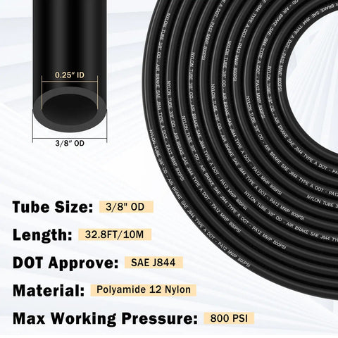 Close-up of Heavy Duty Brass 3/8 Inch DOT Air Fittings Kit with 32.8 ft air line hose specifications and details.