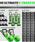 Heavy Duty 18 Piece E Track Rail Tie Down Kit With Accessories Includes 4 Rails 5 Foot E Track System 2 Ratchet Straps 4 Rope Tie Offs And 8 O Ring Anchors Lifetime Warranty For Trailers And Cargo displayed in grid