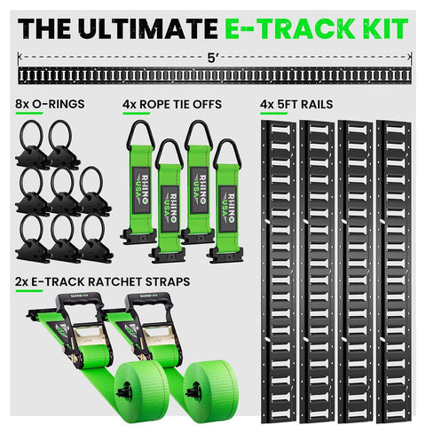 Heavy Duty 18 Piece E Track Rail Tie Down Kit With Accessories Includes 4 Rails 5 Foot E Track System 2 Ratchet Straps 4 Rope Tie Offs And 8 O Ring Anchors Lifetime Warranty For Trailers And Cargo displayed in grid