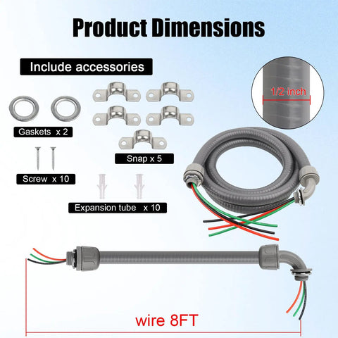 8 Foot Outdoor Power Whip Kit Half Inch Nonmetallic Liquid Tight Flexible Conduit With Three 10 Gauge THHN Conductors accessories