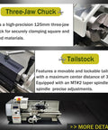 Garage Grade Mini Metal Lathe Machine With Fast Electric Gear Shift And No Sweat Metric Imperial Conversion 1100W Brushless Motor showing three-jaw chuck and tailstock.