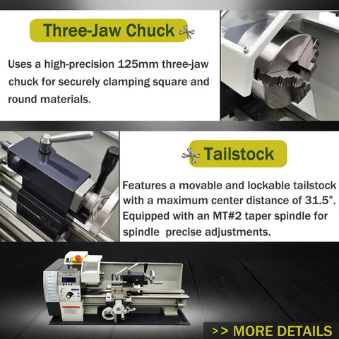 Garage Grade Mini Metal Lathe Machine With Fast Electric Gear Shift And No Sweat Metric Imperial Conversion 1100W Brushless Motor showing three-jaw chuck and tailstock.
