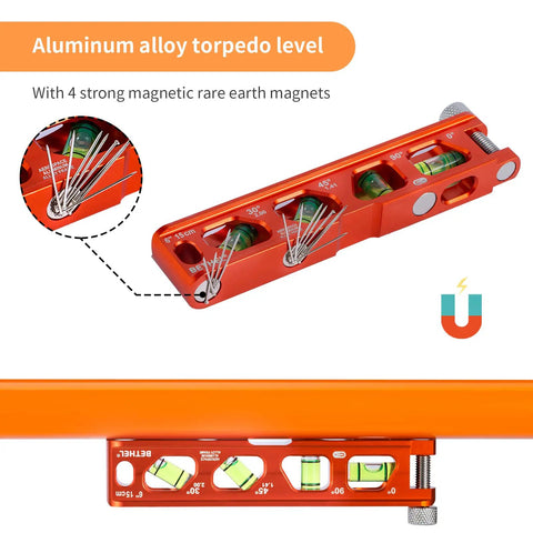 Magnetic Torpedo Level With Four Vials For Quick Readings, V Groove Magnet Track, Aluminum Alloy Build, High Viz Orange