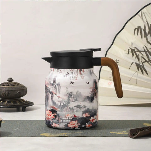 Vintage Floral Pattern Tea Pot With Built-In Infuser, Insulated Stainless Steel Thermal Carafe For Loose-Leaf Tea, 800ml