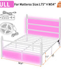Sleek White Full Size Bed Frame With Built In Led Accents And Dual Usb Ports, Hella Solid Steel Slat Base For Zero Grind Noise, Tall Headboard For Lazy Reading Vibes, Roomy Under Bed Storage, Truly No Box Spring Needed, Quick Easy Setup dimensions and features.