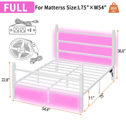 Sleek White Full Size Bed Frame With Built In Led Accents And Dual Usb Ports, Hella Solid Steel Slat Base For Zero Grind Noise, Tall Headboard For Lazy Reading Vibes, Roomy Under Bed Storage, Truly No Box Spring Needed, Quick Easy Setup dimensions and features.