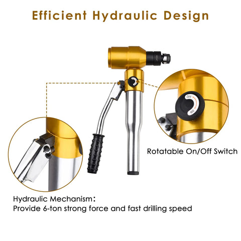 Close-up of 6 Dies 6 Ton Hydraulic Knockout Punch Kit With Hand Pump, highlighting rotatable on/off switch and handle.