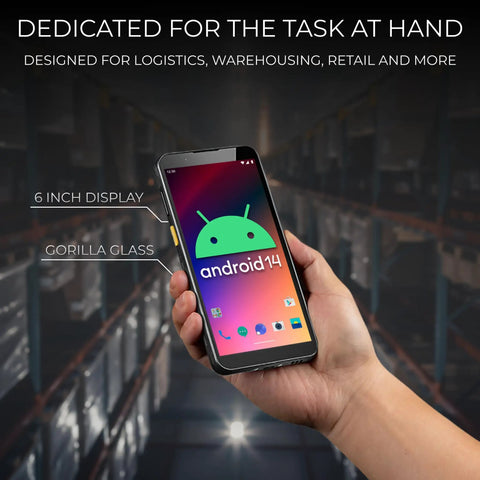 Rugged Android Handheld Barcode Scanner With 2D 1D QR Reading, SE4710, 6 Inch Display in a warehouse setting
