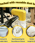 Table Saw Dust Collector Adapter 2.5 Inch Connector Dewalt Compatible with dust bag attached, dual drawstring closure visible.
