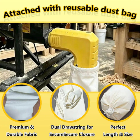 Table Saw Dust Collector Adapter 2.5 Inch Connector Dewalt Compatible with dust bag attached, dual drawstring closure visible.