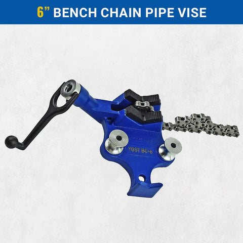 6 Inch Bench Chain Vise For Heavy Duty Pipe Work with blue cast iron body and base displayed on a white background