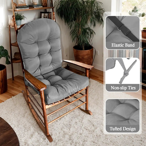 Thick Indoor Outdoor Adirondack Chair Cushion With High Elasticity PP Cotton Water Repellent Fabric For Porch Yard Lawn Chairs High Back Rocking Seat Pad 44 By 19 By 4 Inches in dark grey on wooden rocking chair