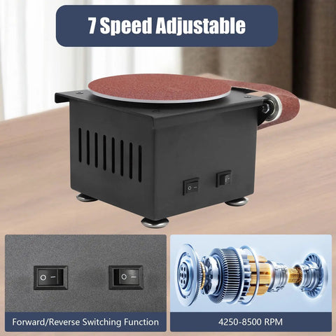 Heavy Duty 6 Inch Mini Disc Sander And Bench Belt Sander Combo, 7 Speed Adjustable Tabletop Grinder with 100W motor and controls.
