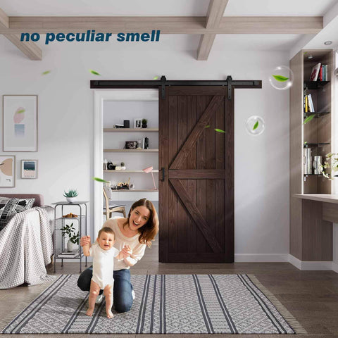 Brown Barn Door 36 Inch By 84 Inch With Six Point Six Foot Barn Door Hardware Track Kit And Handle Included installed indoors