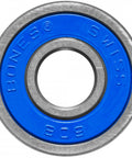 Bones Super Swiss 6 skateboard bearings, blue shield, 8-pack, front view