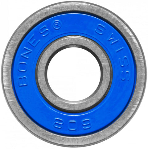 Bones Super Swiss 6 skateboard bearings, blue shield, 8-pack, front view