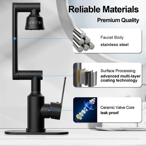 Top Shelf Stainless Steel Bathroom Sink Faucet With Slick Matte Black Finish And Full 1080 Degree Swivel Spout showcasing reliable materials and design details.