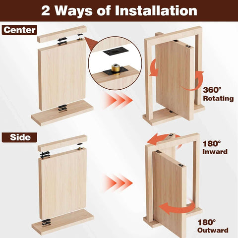Hidden door hinge for wood doors; stainless steel, 570 lb load, 360-degree rotation, two installation options (center/side).