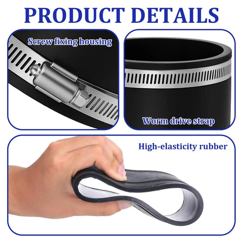 Four Pack 4 Inch Flexible Dust Collection Cuffs with PVC Rubber Vacuum Hose Connectors and Stainless Steel Clamps, product details.