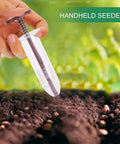 Portable Handy Ergonomic Seed Spreader And Seeder Tool For Lawn And Garden in action over soil and seedlings